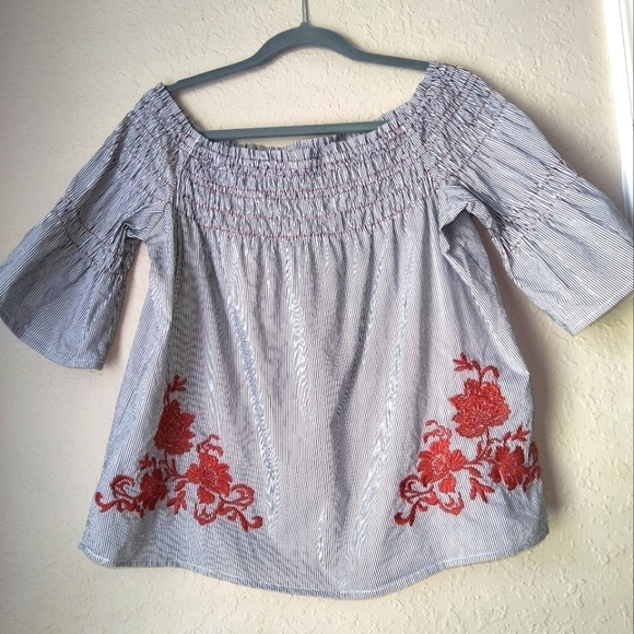 Sweet Wanderer Tops - Sweet Wonderer Top, Floral Applique, Smocked Neck, Blue & White Stripe, L
